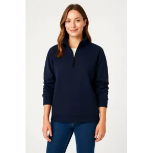 Kadın 3 İplik Pamuklu Dık Yaka Yarım Fermuarlı SweatShirt - Lacivert
