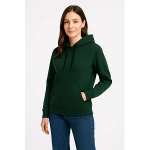 Kadın 3 İplik Pamuklu Kapüşonlu Kanguru Cepli Sweatshirt hoodie - Haki