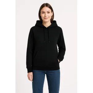 Kadın 3 İplik Pamuklu Kapüşonlu Kanguru Cepli Sweatshirt hoodie - Siyah