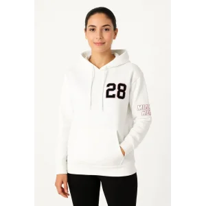 Kadın Kapüşonlu Kanguru Cepli Sweatshirt 3 İplik Pamuklu Baskılı Hoodie - Beyaz