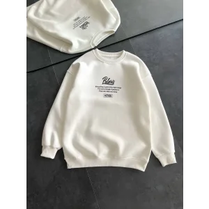 Kadın 3 iplik Pamuklu Bisiklet Yaka Baskılı SweatShirt - Beyaz