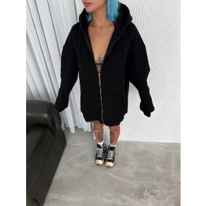 Kadın Tam Fermuarlı Cepli Kapüşonlu 3 iplik pamuklu hoodie Sweatshirt - Siyah