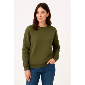 Kadın 3 İplik Pamuklu Düz Bisiklet Yaka SweatShirt - Haki