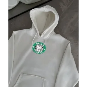 Kadın Oversize Kapüşonlu Kanguru Cepli Baskılı 3 İplik Pamuklu Sweatshirt Hoodie -   Beyaz