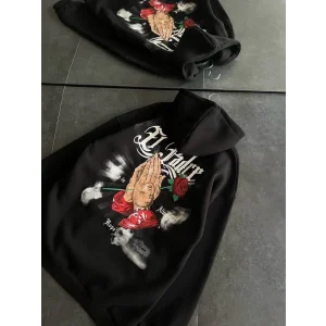 Kadın Oversize Kapüşonlu Cepli Baskılı 3 İplik Pamuklu Hoodie Sweatshirt - Siyah