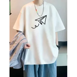 Erkek Kısa Kol Yazlık Tişört Bisiklet Yaka Baskılı Oversize T-Shirt - Beyaz