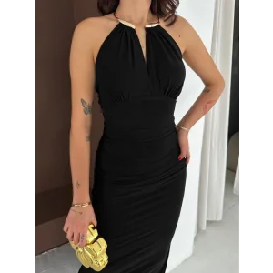 Kadın Uzun Abiye Elbise Yırtmaçlı Sırt Dekolteli Şık Gece Elbisesi - Siyah