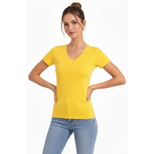 Kadın T-Shirt V Yaka Slim Fit Likralı Tişört Yazlık Basic Body - Sarı