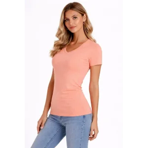 Kadın T-Shirt V Yaka Slim Fit Likralı Tişört Yazlık Basic Body - Toz Pembe