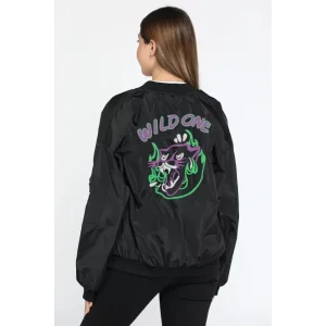 Kadın Wild One Baskılı Bomber Mont Siyah Oversize Kalıp Fermuarlı Cepli Kapitone - Siyah