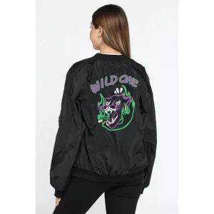 Kadın Wild One Baskılı Bomber Mont – Siyah Renk, Oversize Rahat Kalıp, Fermuarlı, Cepli, Günlük Şık Kapitone Mont - Siyah