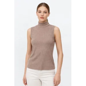 Kadın Yarım Balıkçı Yaka Fitilli Kaşkorse Atlet Basic Şık Badi - Bej