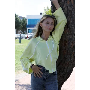 Kapşonlu Yan Dekolteli Sweat Sarı - P-019669