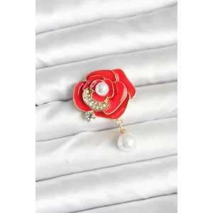 Kırmızı Gül İncili Model Broş