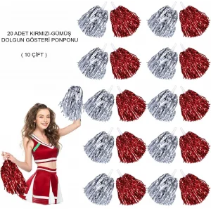 Kırmızı Gümüş Metalik Dolgun Gösteri Ponponu - 20 Adet (10 Çift)