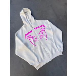 Kışlık Baskılı Fermuarlı Kapüşonlu Hırka - Beyaz