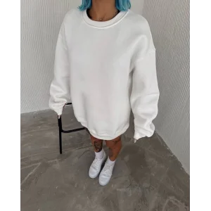 Kışlık Bisiklet Yaka Üç İplik Basic SweatShirt - Beyaz