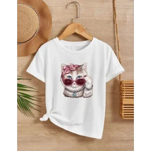 Kız Çocuk Bisiklet Yaka Baskılı T-Shirt - Beyaz