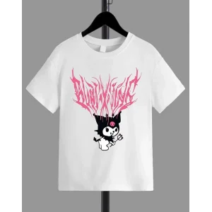 Kız Çocuk Bisiklet Yaka Baskılı T-Shirt - Beyaz