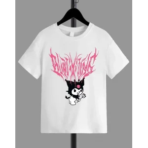 Kız Çocuk Bisiklet Yaka Baskılı T-Shirt - Beyaz
