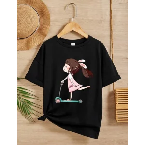 Kız Çocuk Bisiklet Yaka Baskılı T-Shirt - Siyah
