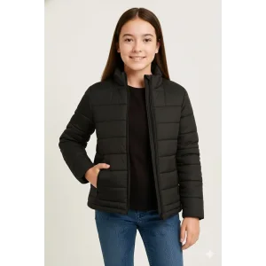 Kız Çocuk Şişme Mont Hafif ve Sıcak Tutucu Kışlık Fermuarlı Su İtici Rahat Günlük Mont Kapüşonuz Modern Tasarım - Siyah