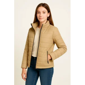 Kız Çocuk Şişme Mont Hafif ve Sıcak Tutucu Kışlık Fermuarlı Su İtici Rahat Günlük Mont Kapüşonuz Modern Tasarım - Bej