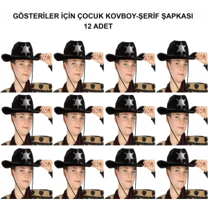 Kovboy Şerif Şapkası Siyah 12 Adet - Kostüm, Parti Ve Gösteri Şapkası