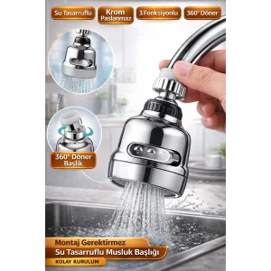 Krom 3 Fonksiyonlu 360° Döner Su Tasarruflu Musluk Başlığı Sıçrama Önleyici Batarya Ucu