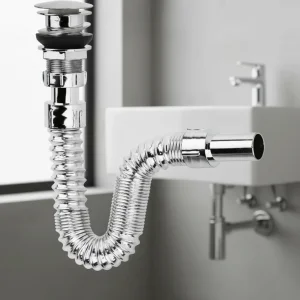 Krom Basmalı Sifon -Körüklü Sifon Bas Stoplu Lavabo Mutfak Sifonu-Paslanmaz