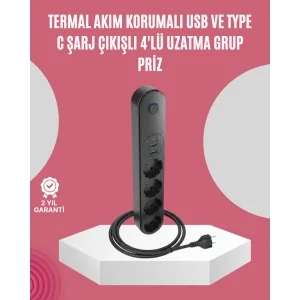Led Anahtarlı Akım Korumalı Çoklu Priz 4 Priz 3 USB Girişli