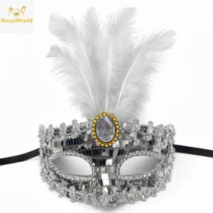 Lüks Gümüş Tüylü Taşlı Balo Maskesi