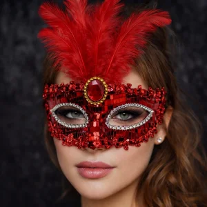Lüks Kırmızı Tüylü Taşlı Balo Maskesi