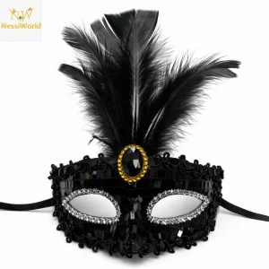 Lüks Siyah Tüylü Taşlı Balo Maskesi