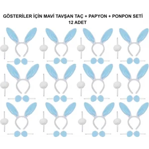 Mavi Tavşan Kostüm Seti – Taç, Papyon, Ponpon (12’li Paket)