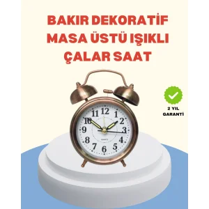 Metal Bronz Nostaljik Masa Saati Alarmlı Büyük Boy Sessiz Mekanizmalı