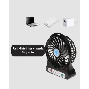 Mini USB Fan – Şarj Edilebilir, Işıklı, 3 Kademe, Taşınabilir Masaüstü Vantilatör