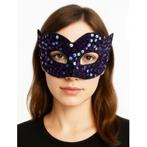 Mor Renk Arkadan Lastikli Pul Payet İşlemeli Balo After Parti Maskesi