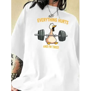 Ördek Baskılı ve Yuvarlak Yakalı Kadın Günlük Büyük Boy Siyah Tişört. - Beyaz