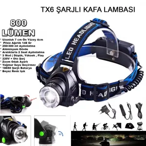 Orjinal 800 Lümen Tx6 Şarjlı Zoomlu Kafa Feneri Wt-120