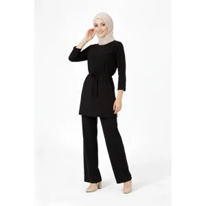 Osy Modal yumuşak dokulu Kadın Kuşaklı Tesettür Takım Salaş Kalıp 4/3 Kol Katlanmış kol İkili Takım - Siyah