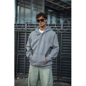 Oversize Tam Fermuarlı Uzun Kol Hırka - Gri