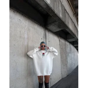 Kadın 3 iplik Pamuklu Bisiklet Yaka GÜL Baskılı SweatShirt - BeyazBeyaz