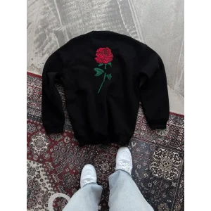 Kadın Oversize Kapüşonlu Cepli GÜL Baskılı 3 İplik Pamuklu Hoodie Sweatshirt - Siyah