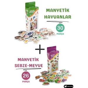 Oyuncak Manyetik Mıknatıslı 30 Parça Hayvanlar 26 Parça Sebze Meyveler Eğitici Set Magnet