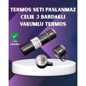 Paslanmaz Termos ve İkili Bardak Seti | 6-12 Saat Sıcak/Soğuk Tutma