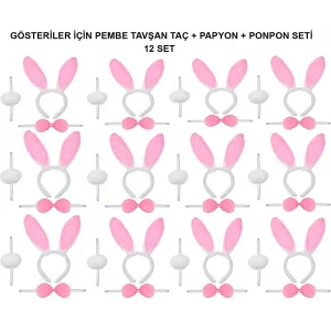 Pembe Tavşan Kostüm Seti – Taç, Papyon, Ponpon (12’li Paket)