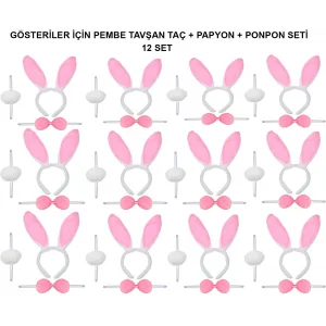 Pembe Tavşan Kostüm Seti – Taç, Papyon, Ponpon (12’li Paket)