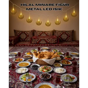 Pilli Minareli Hilal LED Işık Gold Metal Ramazan Dekorasyonu