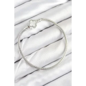 Pirinç Charm Zirkon Taşlı Yonca Model Gümüş Renk Kadın Bileklik